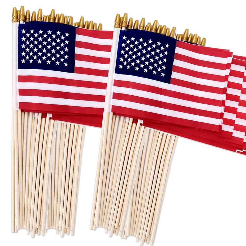Uelfbaby 100 Pack Small American Flags on Stick, 4x6 Inch Small US Flags/American Flags for Outside, Mini Hand Held Stick Flags with Kid-Safe Spear Top, Memorial Day, Independence Day Decor,Patriotic Decorations - Image 1